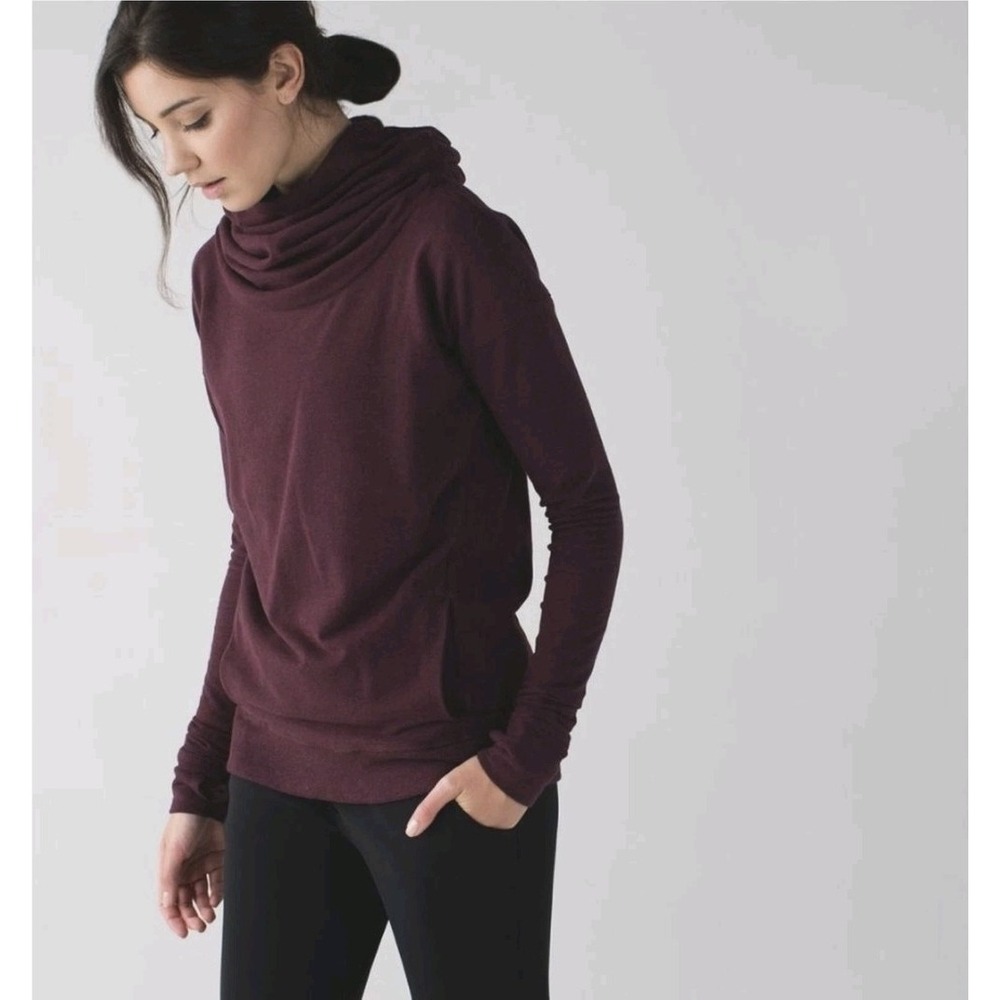 Lululemon Stress Less Hoodie Heathered Bordeaux Burgundy Cowl Neck Pullover Sz 6